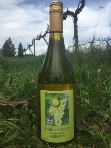 Freed Estate Winery bottle of Viognier in the vineyard.